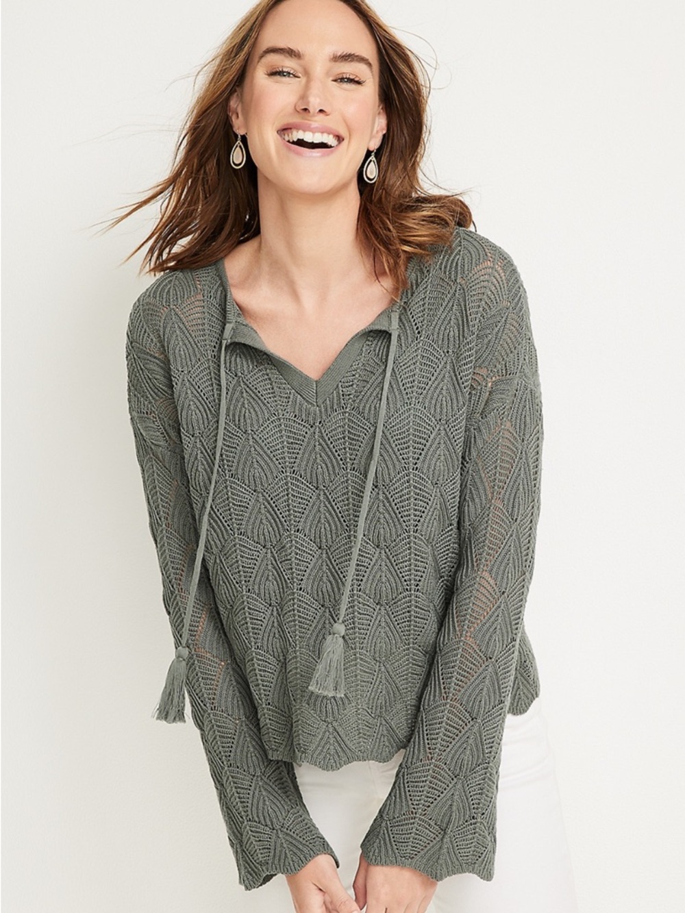 Maurices Charcoal Hooded V-Neck Sweater with Tassels